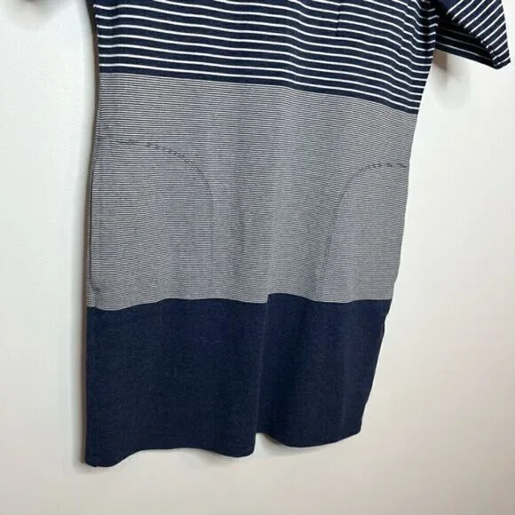 Theory Womens Large Pelloa Engineered Tee T-Shirt Dress Pockets Stripes Navy - Picture 3 of 13